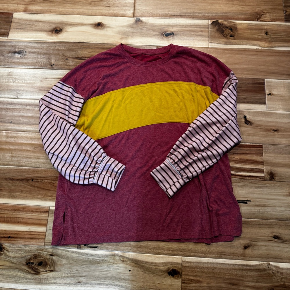 Colorblock Long Sleeve Top - Burgundy, Mustard & Pink Stripes